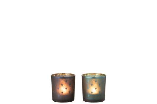 Theelichthouder Pauw Glas Blauw/Groen Small Assortiment Van 2
