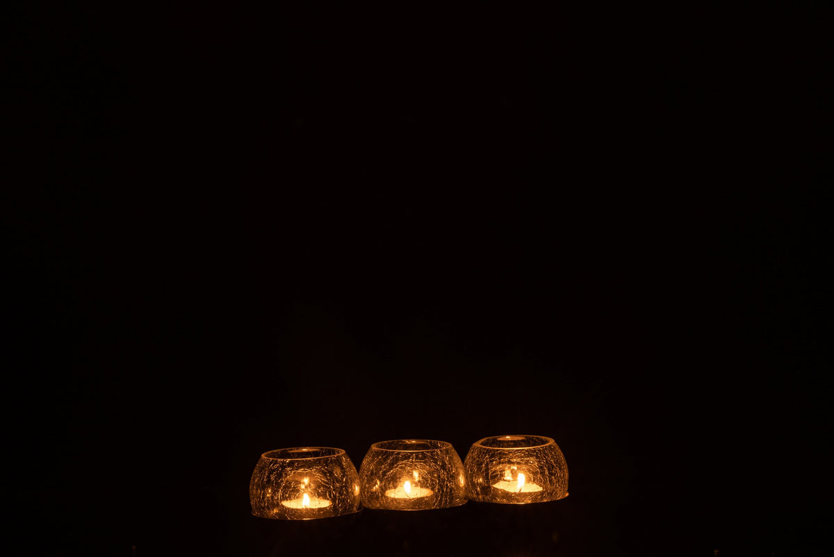 Theelichthouder 3 Bol Craquele Glas/Stainless Steel Zilver