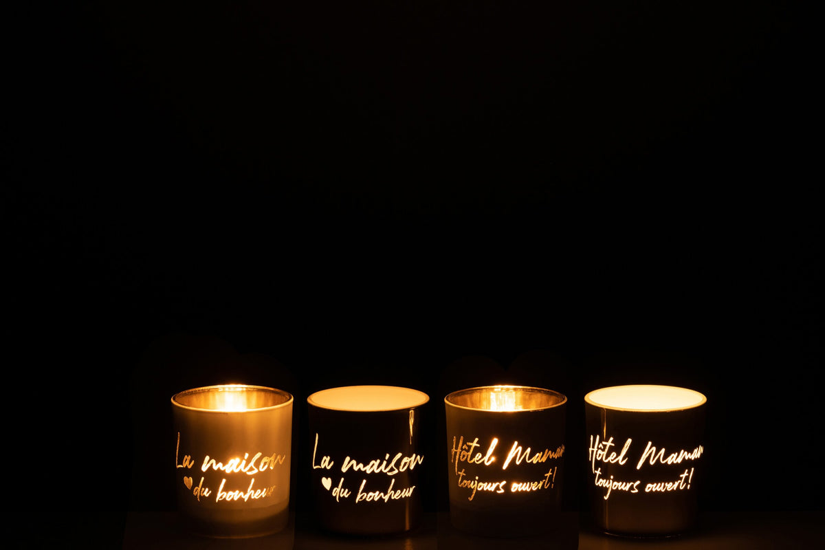 Theelicht Houder Text Glas Goud/Zilver Small Assortiment Van 4