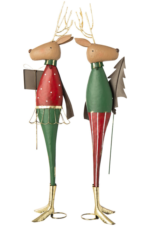 Reindeer Pine Tree + Gift Metal Christmas Red/Dark Green Assortment Of 2