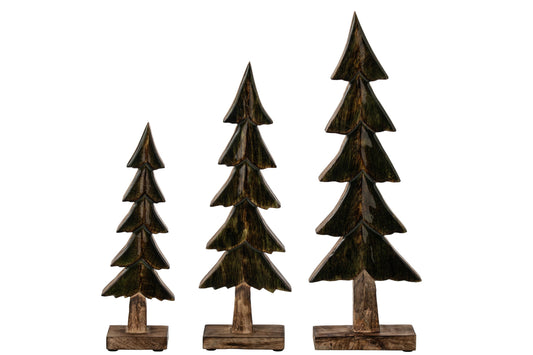 Set Of 3 Pine Tree On Base Shiny Mango Wood Green/Natural