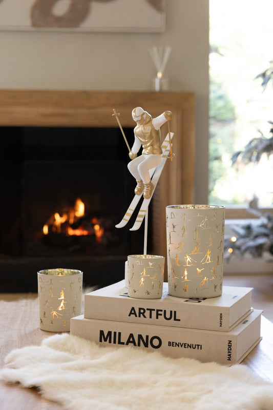 Skier Race Polyresin White/Gold Assortment Of 2