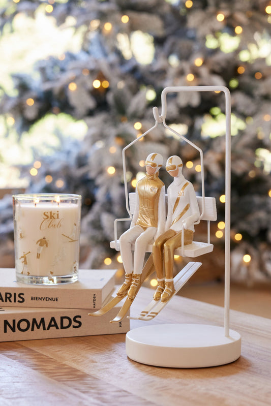 Skier Couple + Chairlift Polyresin White/Gold