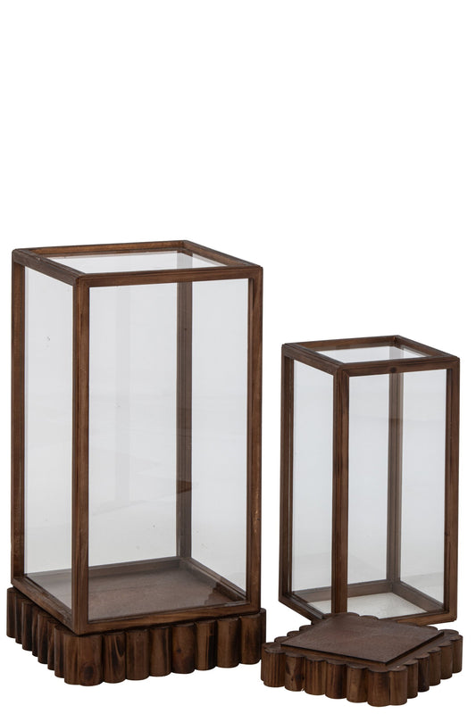 Set Van 2 Deco Vitrine Stolp Rechthoek Dennenhout Bruin