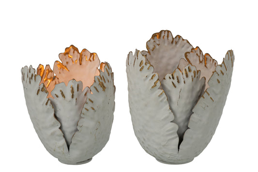Set Van 2 Theelichthouder Tulp Bloemen Ijzer Wit/Goud Large