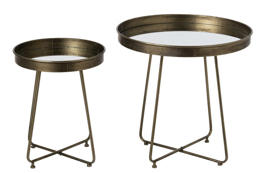 Set Of 2 Side Table Mirror Round Iron Brass