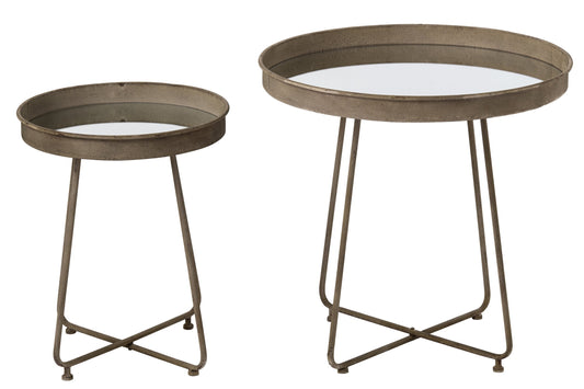 Set Of 2 Side Table Mirror Round Iron Rust Brown