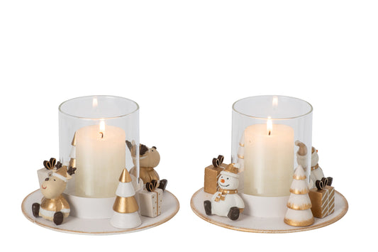 Theelichthouder Sneeuwman + Rendier Rond Ijzer Wit/Goud Assortiment Van 2