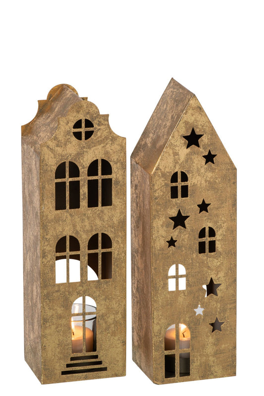 Theelichthouder Huis Ijzer Goud Assortiment Van 2