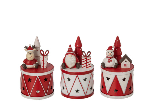 Drum LED Santa + Snowman + Reindeer Iron White/Christmas Red Assortment Of 3