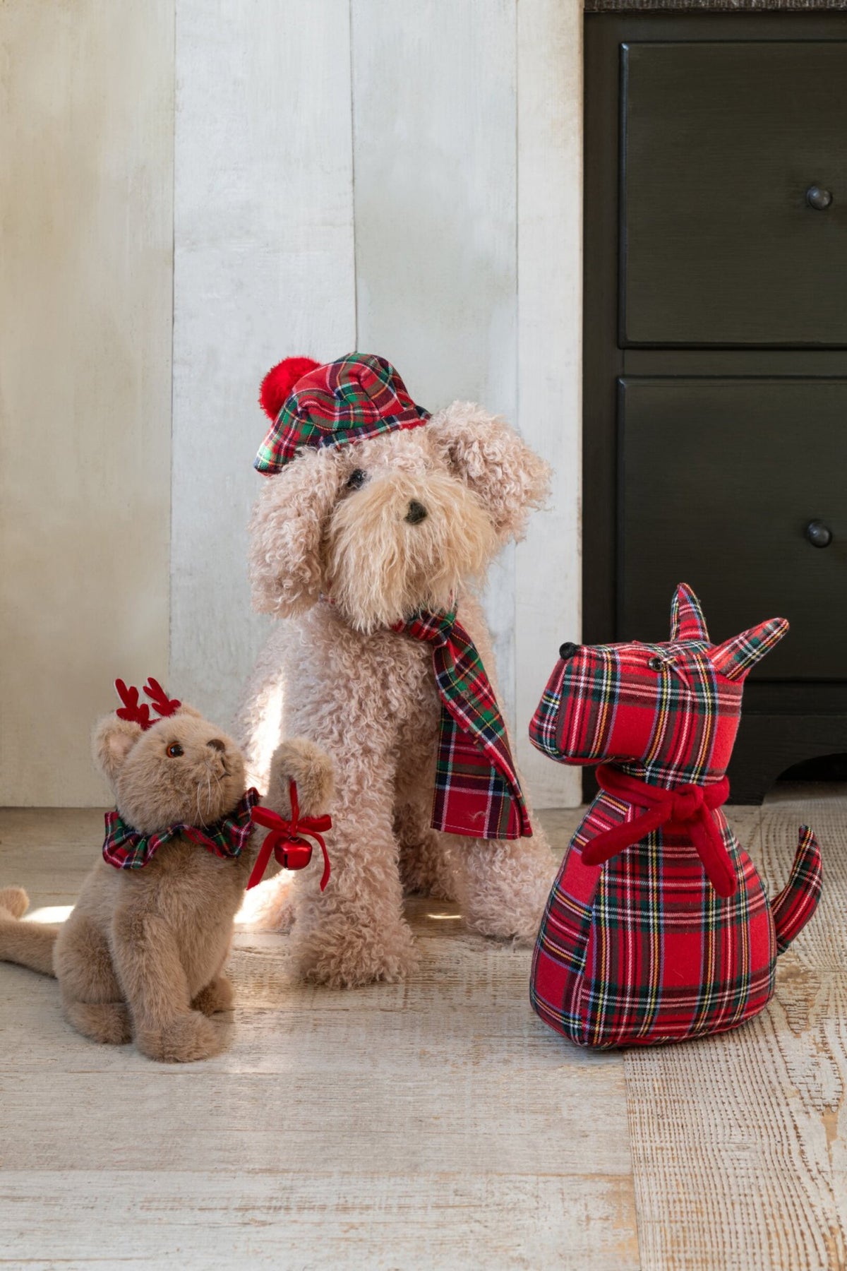 Dog + Beret + Scarf Fabric Beige/Christmas Red