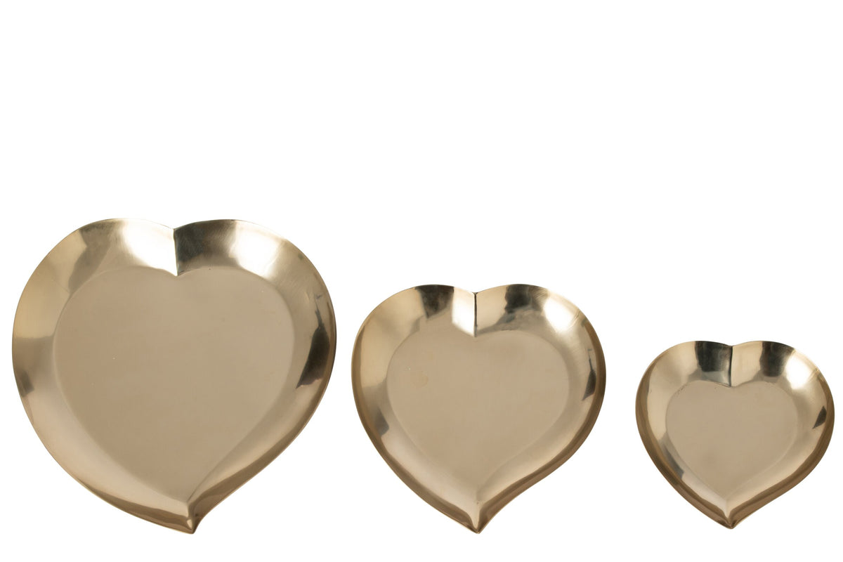 Set Of 3 Decorative Dish Heart Steel Gold