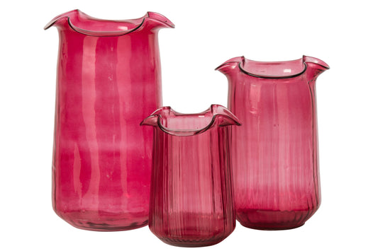 Vase Wavy Cylinder Glass Fuchsia Large