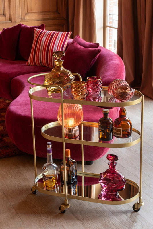 Karaf gouden rand reliëf glas bordeaux/lichtroze assortiment van 2