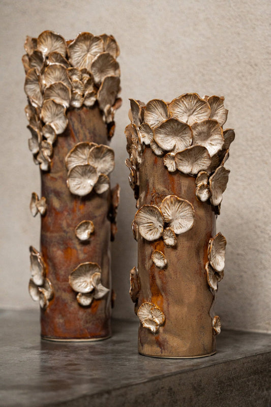 Vase Mushrooms Cylinder Stoneware Brown/Beige Small