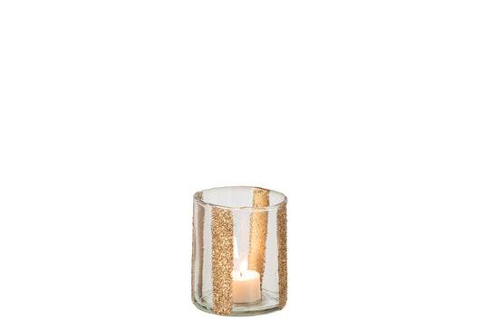 Kaarshouder Lea Cilinder Gestreept Glas Goud/Transparant Small