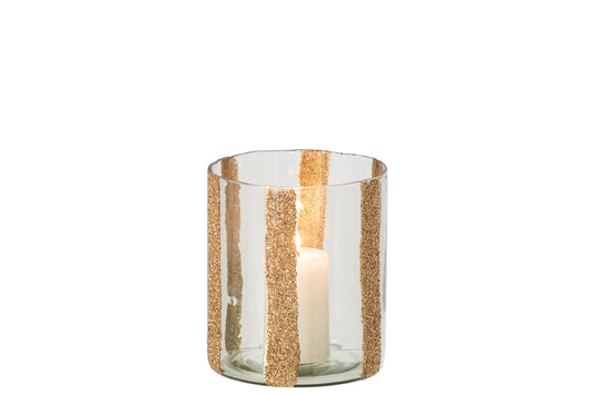 Kaarshouder Lea Cilinder Gestreept Glas Goud/Transparant Medium