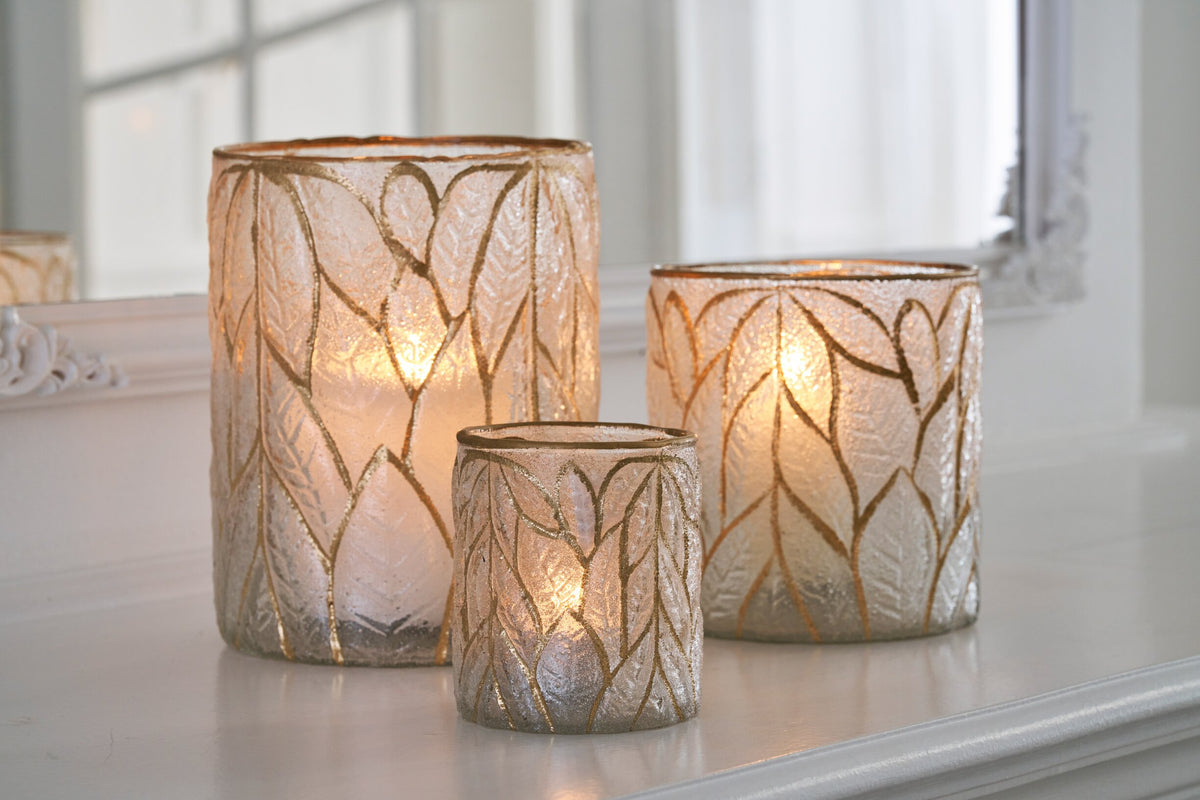 Kaarshouder Bladeren Glas Goud/Transparant Small
