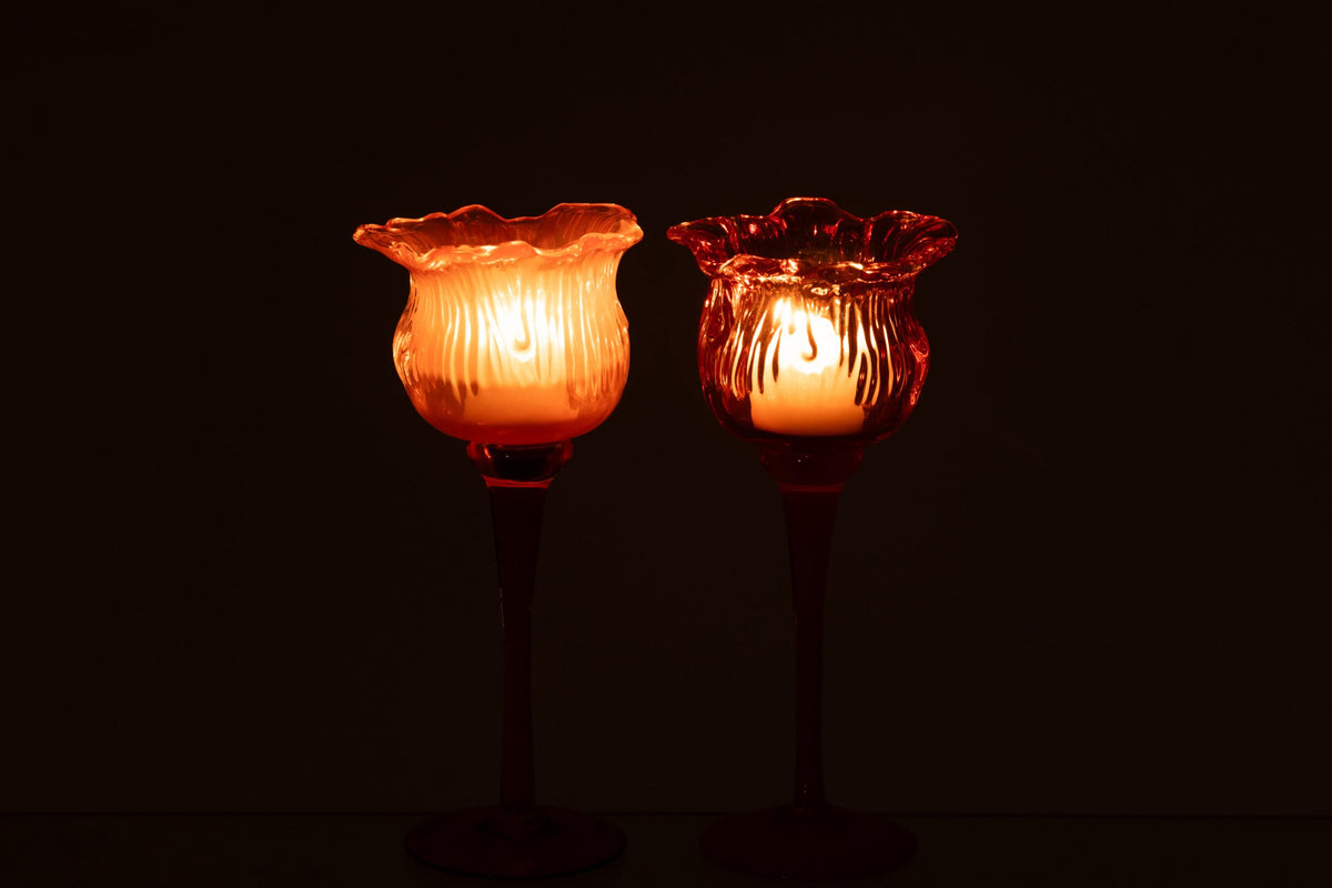 Theelichthouder Op Voet Tulp Glas Oranje Small Assortiment Van 2