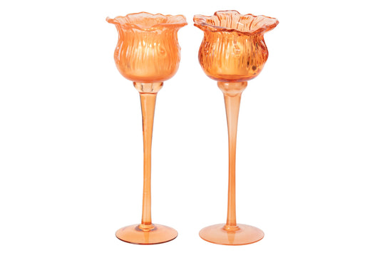 Theelichthouder Op Voet Tulp Glas Oranje Large Assortiment Van 2