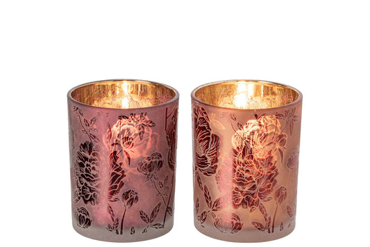 Theelichthouder Bloemen Glas Bordeauxrood/Koraalrood Medium Assortiment Van 2