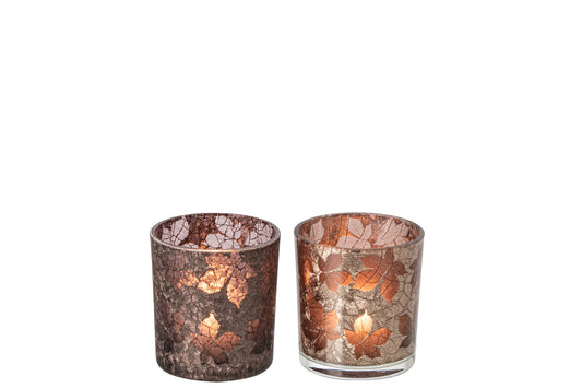 Theelichthouder Bladeren Gekraakt Glas Donkerbruin/Beige Small Assortiment Van 2
