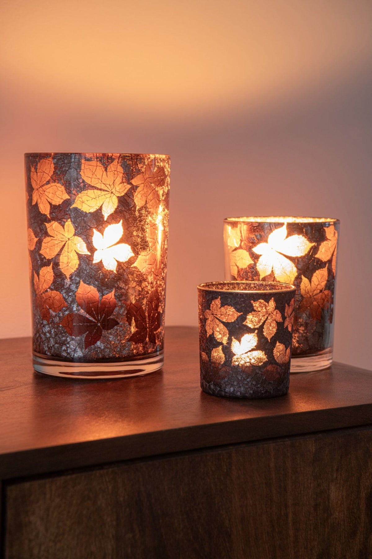 Theelichthouder Bladeren Gekraakt Glas Donkerbruin/Beige Medium Assortiment Van 2