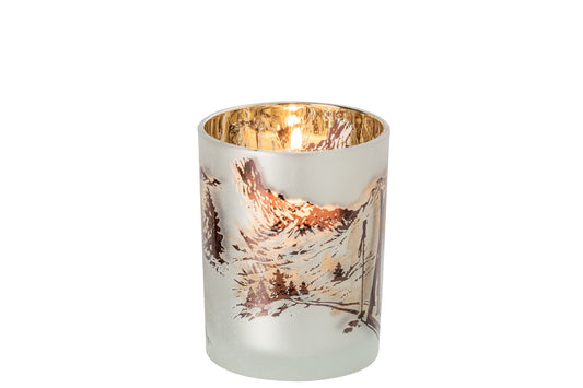 Theelichthouder Skiscène Glas Wit/Bruin Medium