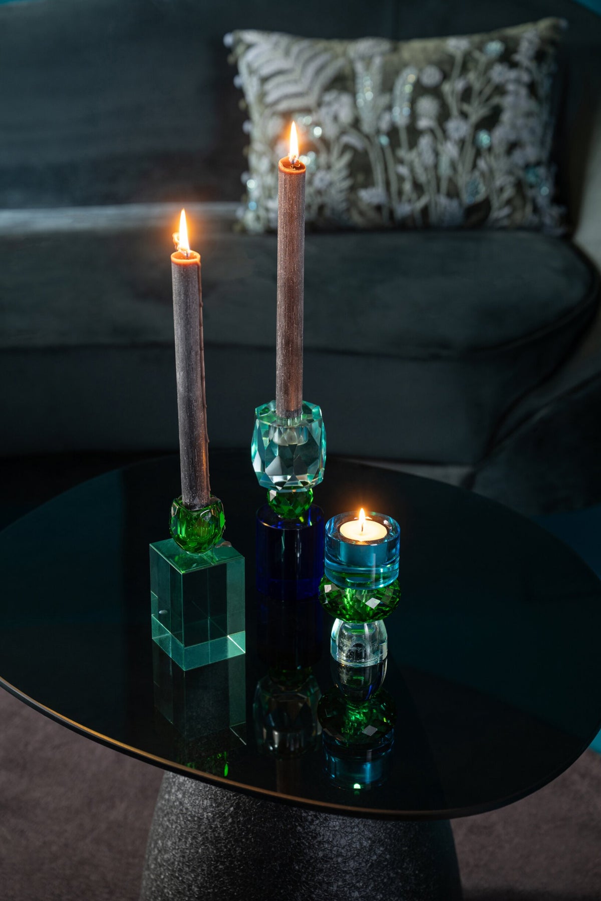 Kaarshouder Glas Smaragdgroen/Azuurblauw