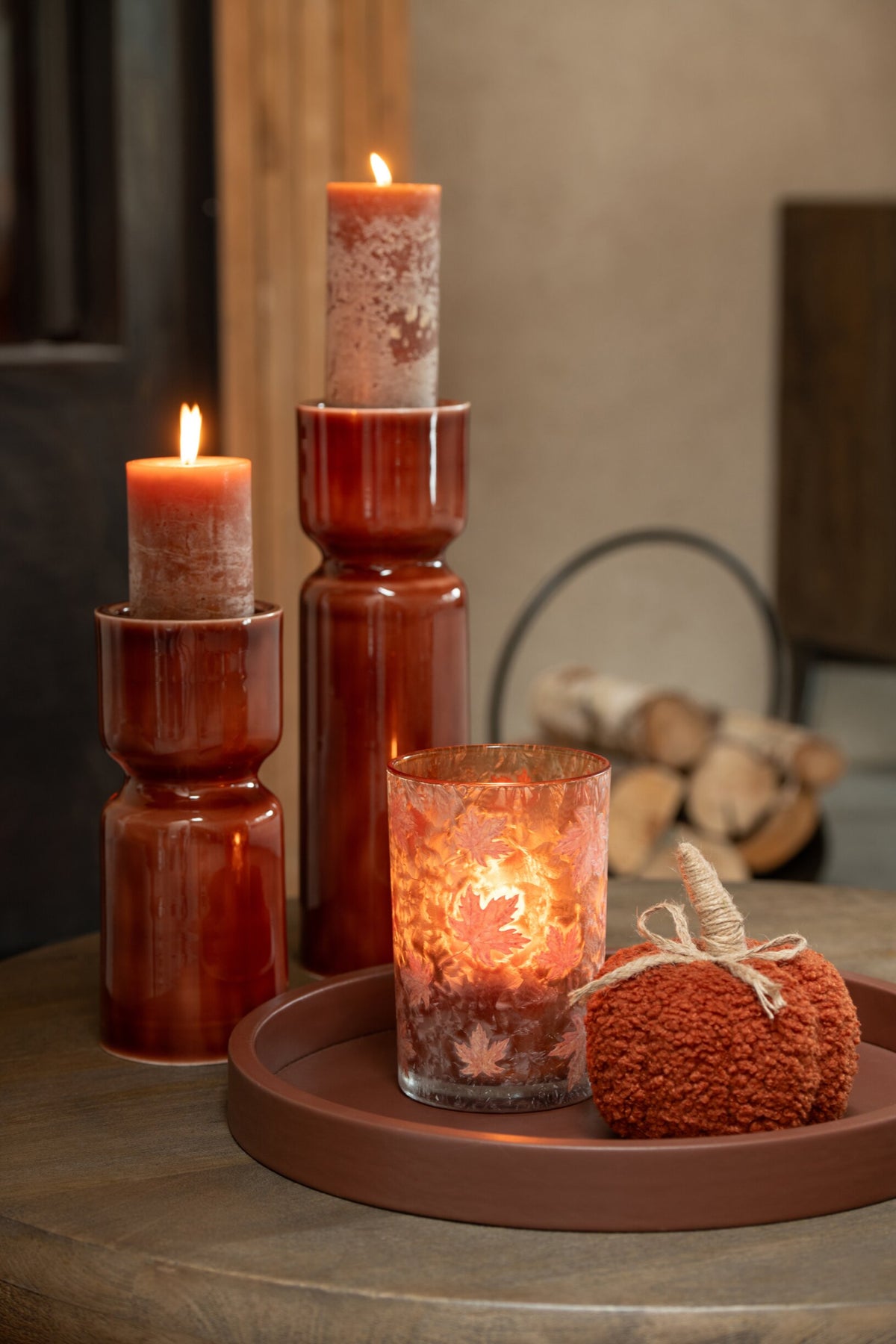 Kaarshouder Bladeren Glas Abrikoos/Terracotta Large