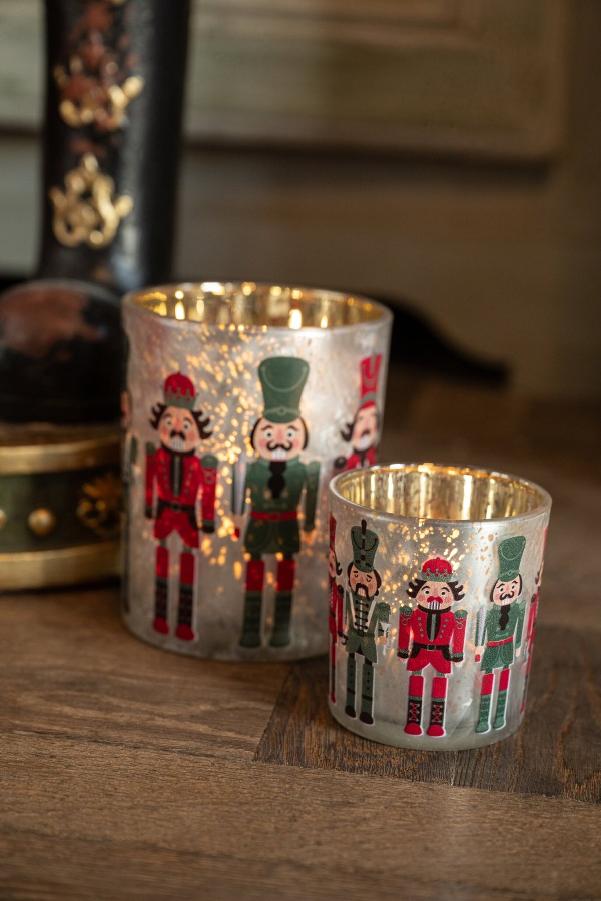Theelichthouder Notenkraker Glas Kerstrood/Donkergroen Small