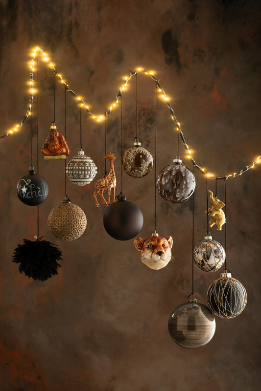 Box Of 6 Christmas Baubles Giraffe Glass Brown Mix