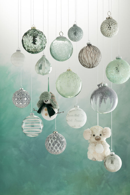 Box Of 4 Christmas Baubles Sequins Glass Light Azure Medium