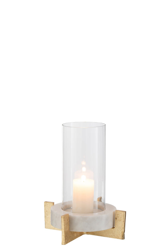 Windlicht Glas Voet Marmer/Metaal Grijs/Champagne Small