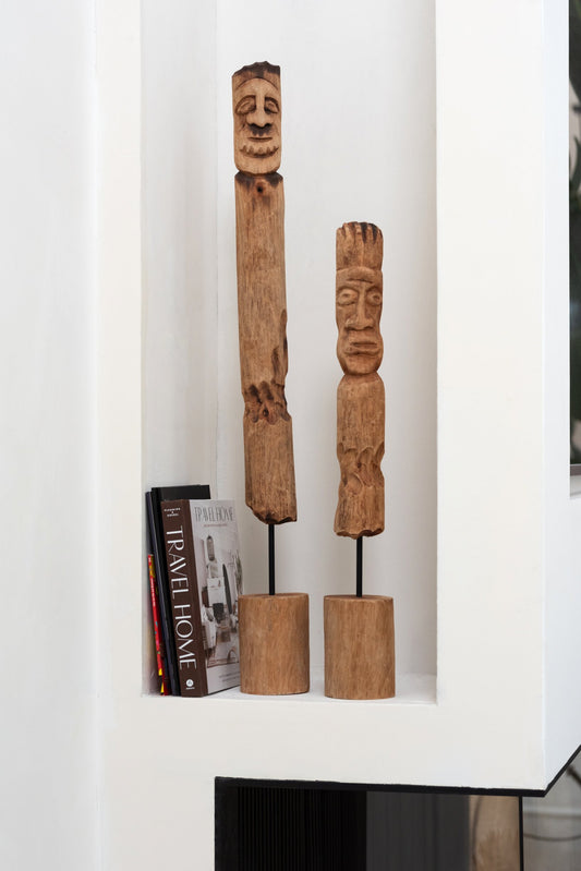 Set Of 3 Figures On Stand Totem Wood Natural