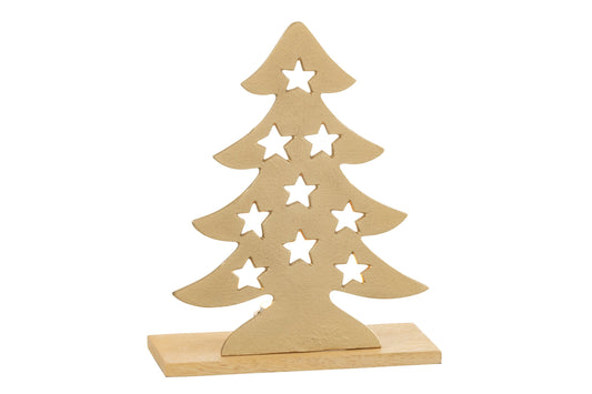 Theelichthouder Kerstboom Aluminium/Hout Naturel/Goud Large