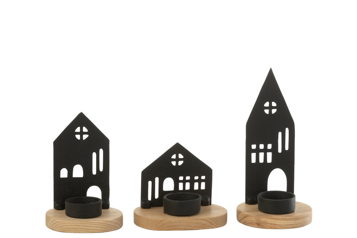 Kaarshouder Huis Aluminium/Hout Zwart/Naturel Assortiment Van Drie