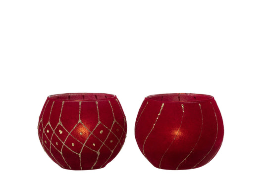 Windlicht Lijnen/Geruit Fluweel Rood/Goud Assortiment Van 2