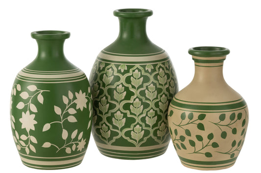 Vase Flowers+Lines Terracotta Green/White