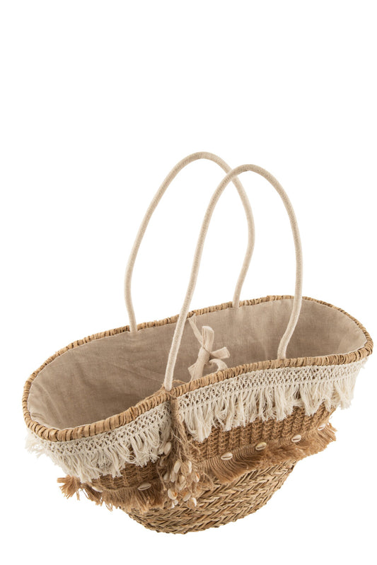 Strandtas riet kwastjes jute naturel/ecru