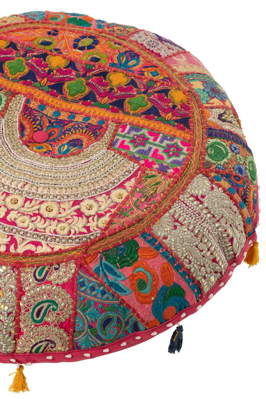 Pouf Round Plat Patterns+Tassels Cotton Pink