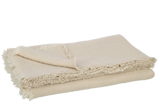 Plaid Fringes Cotton Muslin Light Beige