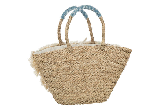 Strandtas bloemen met franjes denim zeegras naturel/blauw