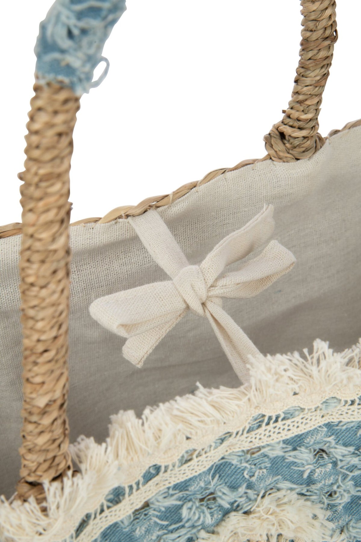Strandtas bloemen met franjes denim zeegras naturel/blauw