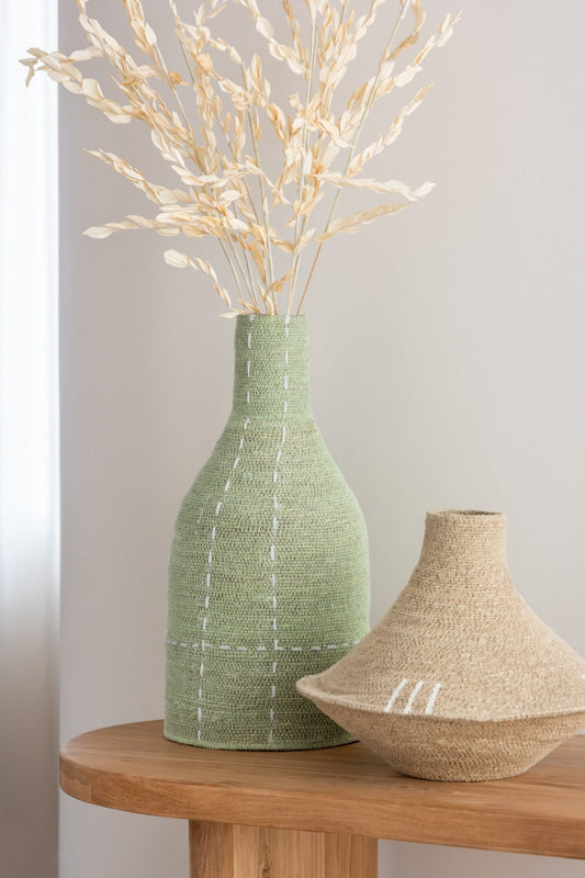 Vase Bottle Shape Dotted Lines Seagrass Green/White