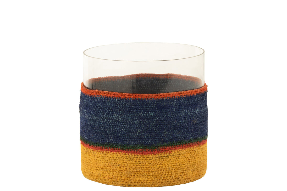 Theelichthouder Rond+Strepen Glass/Zeegras Donker Blauw/Geel
