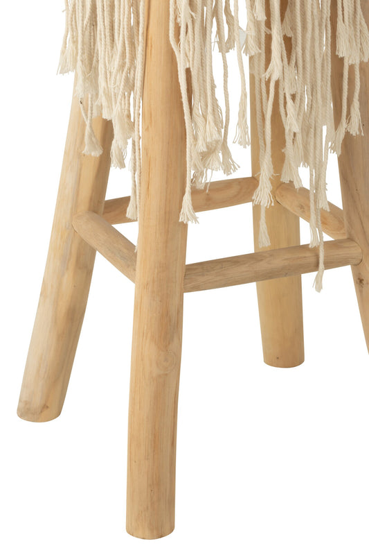 Stool Fringes Wood/Macrame White