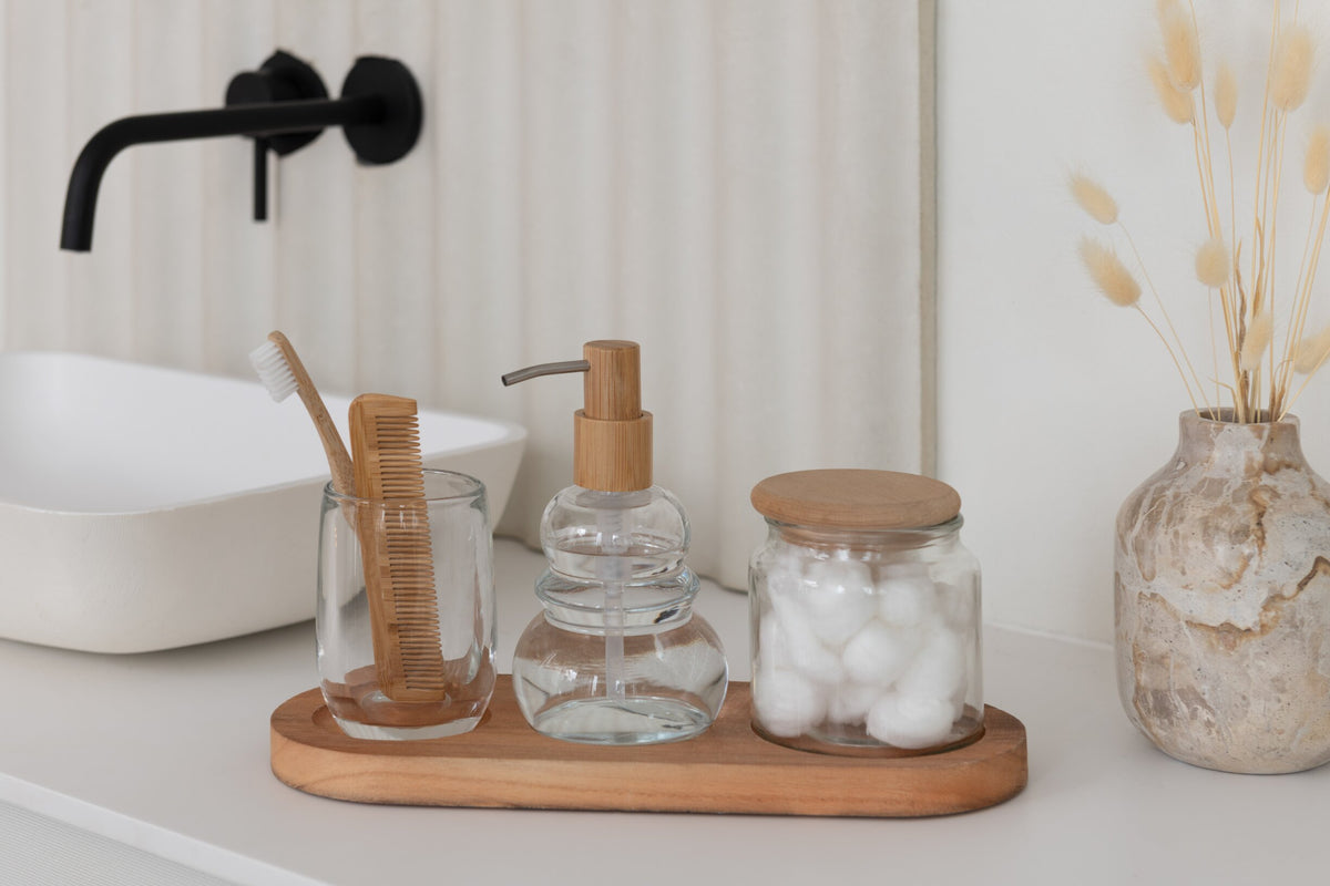 Set Of 4 Bathroom Set Glass/Wood Transparent