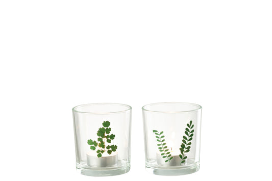 Theelichthouder Bladeren Glas Groen/Transparant Assortiment Van Twee