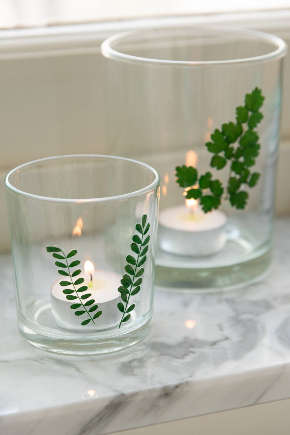 Theelichthouder Bladeren Glas Groen/Transparant Assortiment Van Twee